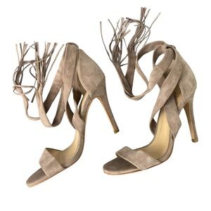 Marc Fisher lace up fringe taupe brown suede leather stiletto heels women's 6M